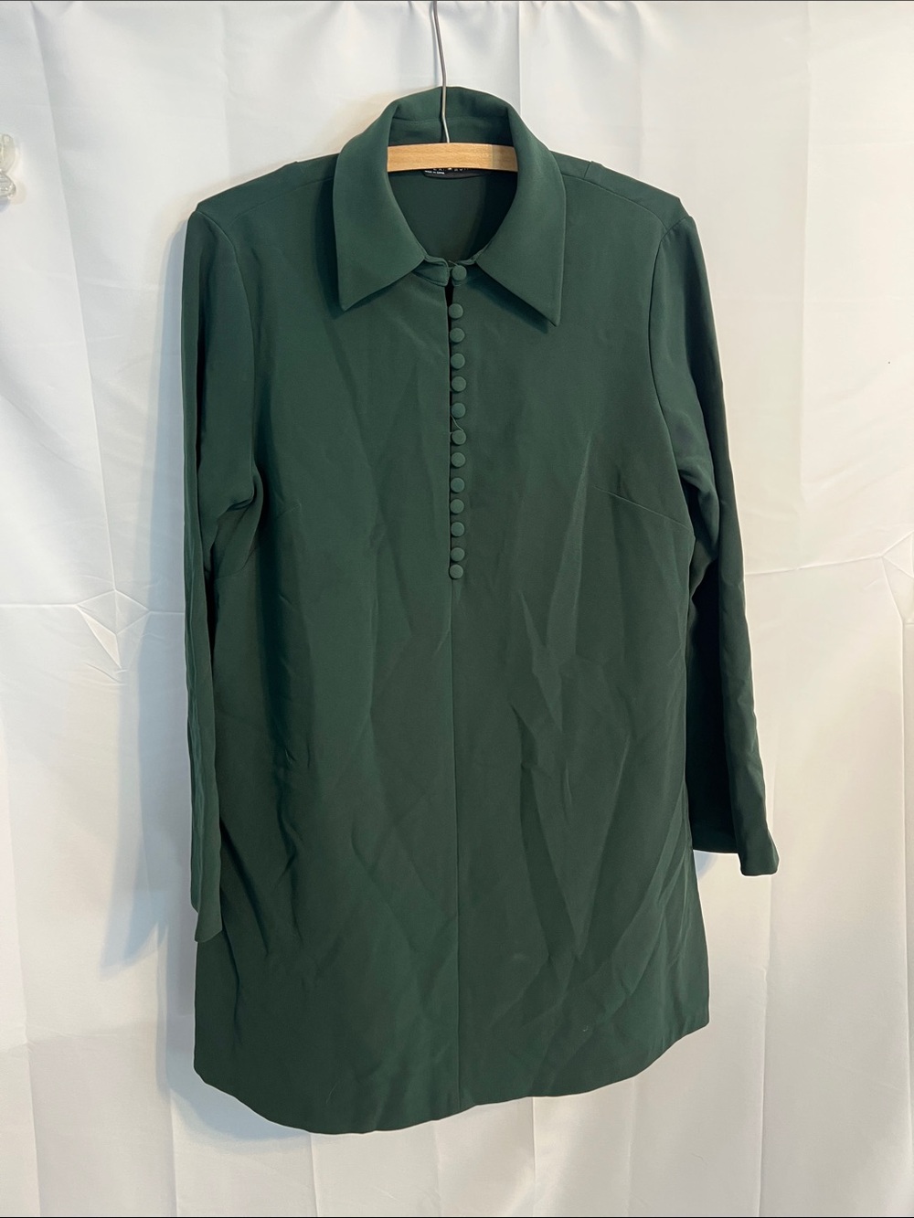 Dark Green Button-Front Long Sleeve Tunic Dress